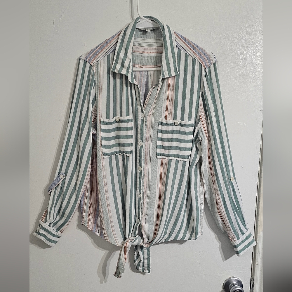 John Mark Tie-Front Button-Up Shirt Womens Large Striped Pockets Roll Tab Sleeve